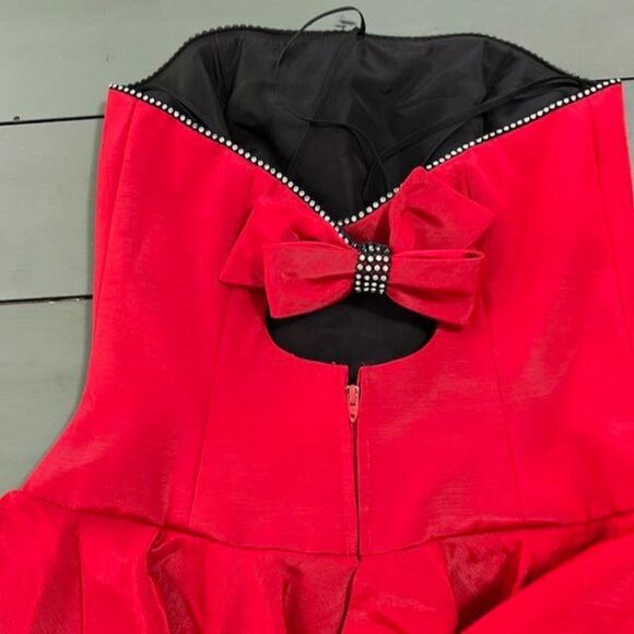 AJ Bari Vintage Red Strapless Dress Peplum w/ Bling Bow Made in USA Size 4 - Picture 11 of 14